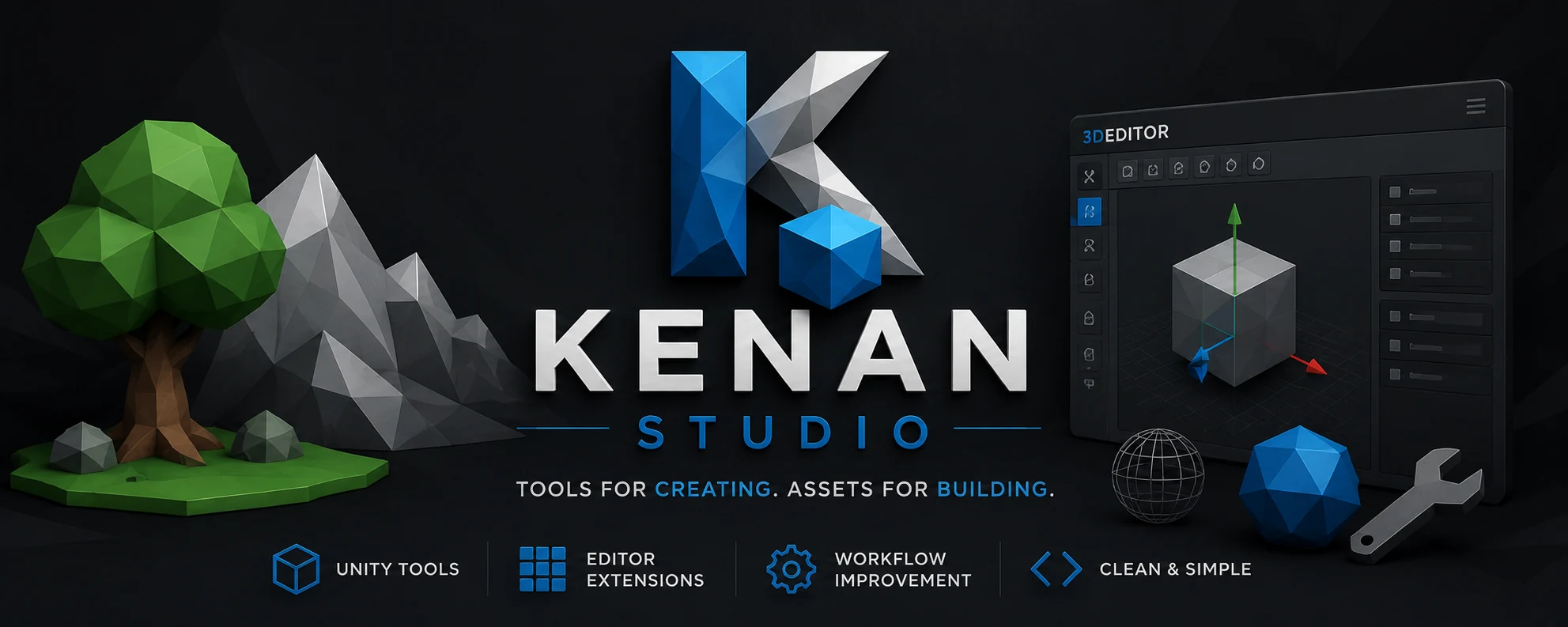 Kenan Studio banner showing low-poly art and development tools